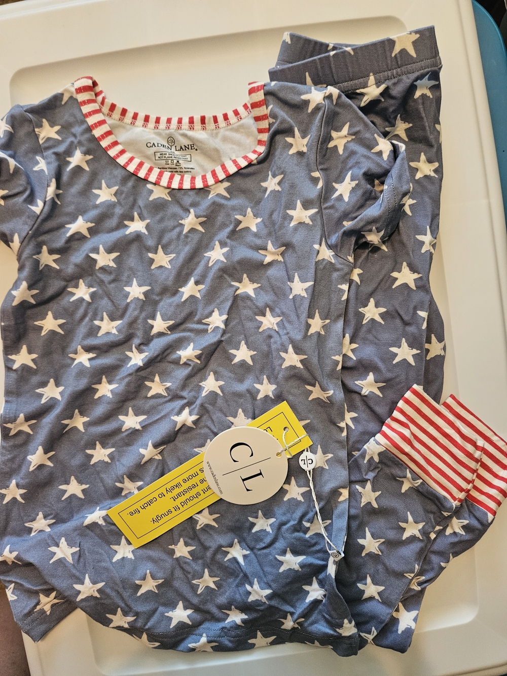 Caden Lane Blue Star Kids Pajama Set with Red Stripe Trim 5/6